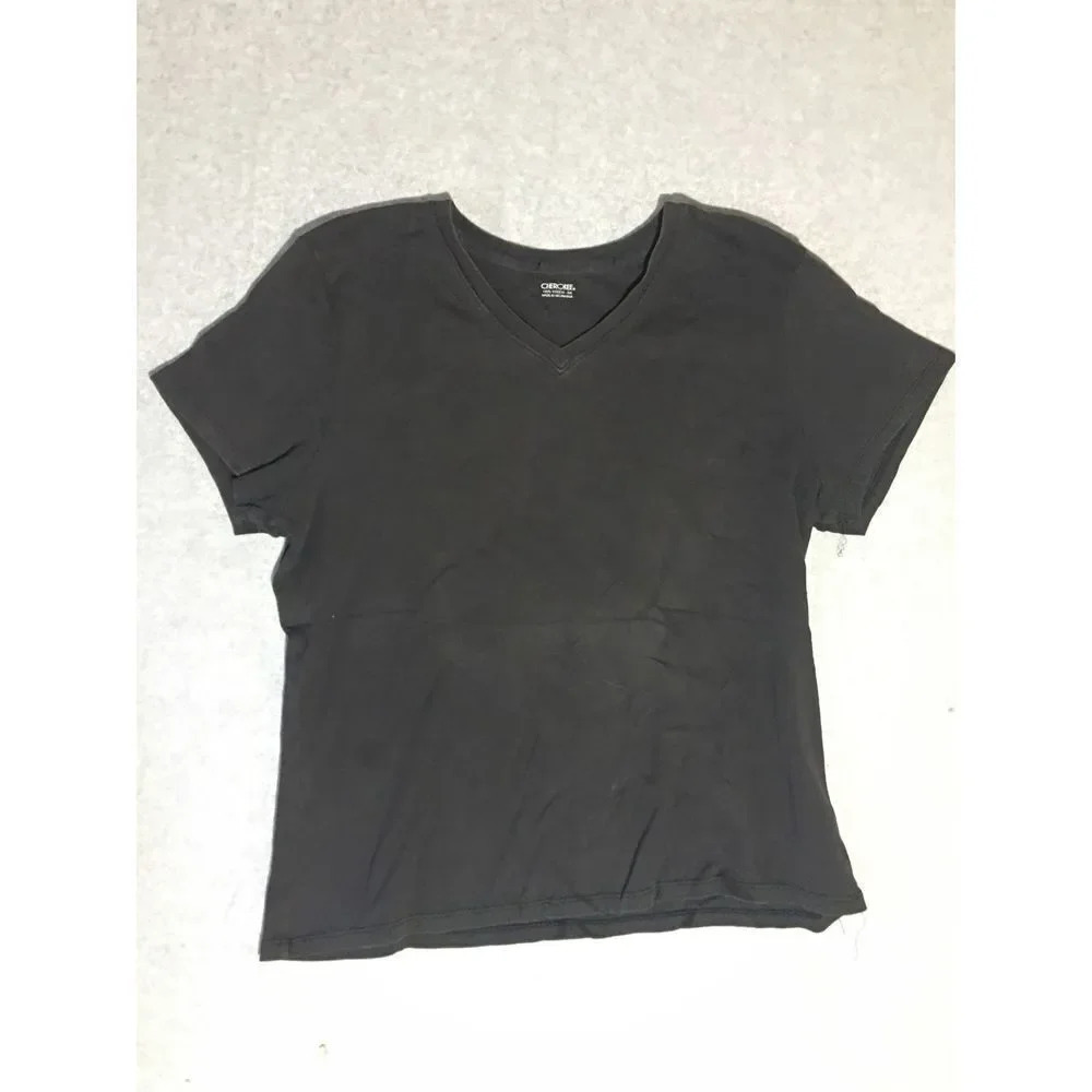 Womens Cherokee Shirt Size XXL Black Short Sleeve V Neck Cotton Casual Cute